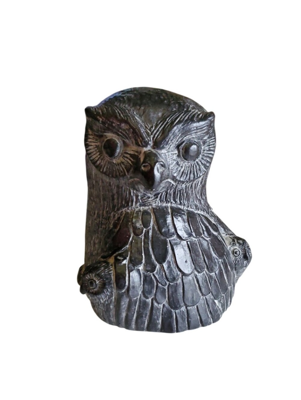 Vtg. Carved Soapstone Mama Owl w/  Owlets Figurine